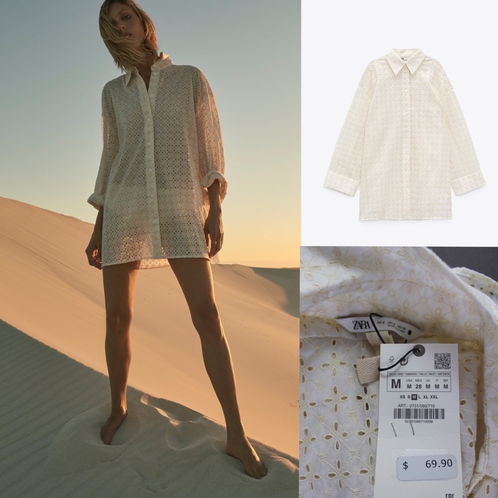 Zara NWT Oversized Cutwork Embroidered Buttoned Top Medium Ecru